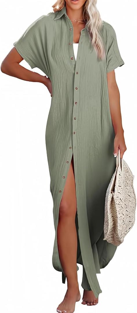 Dokotoo Womens Casual Short Sleeve Side Split Button Down Long Kimonos Cardigans Swimsuit Cover Ups Summer Beach Dress (X-Small, Green 02)