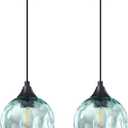 2 Pack Hanging Kitchen Island Pendant Light 6.3" Clear Hammer Green Glass Pendant Ceiling Light Fixture Black Finish Modern Farmhouse Dinning Over Sink(Adjustable Height Cord)