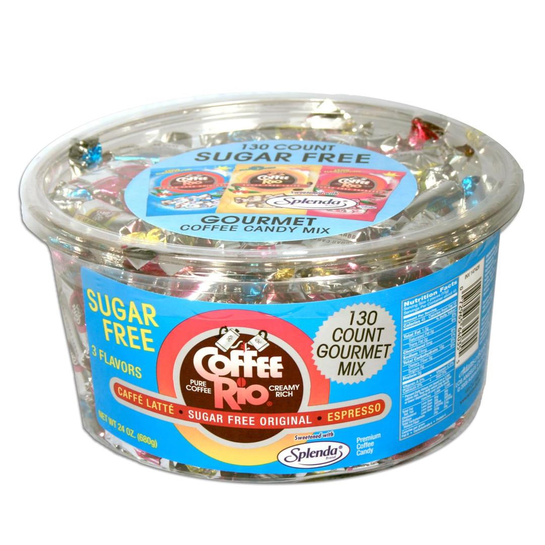 Coffee Rio Assorted Flavors Sugar Free Coffee Candy (Caff Latt, Original, & Espresso), 24 oz Tub (130 Gourmet Mix) - Individually Wrapped Hard Candies Blended w/Fresh Dairy Cream - Kosher Certified