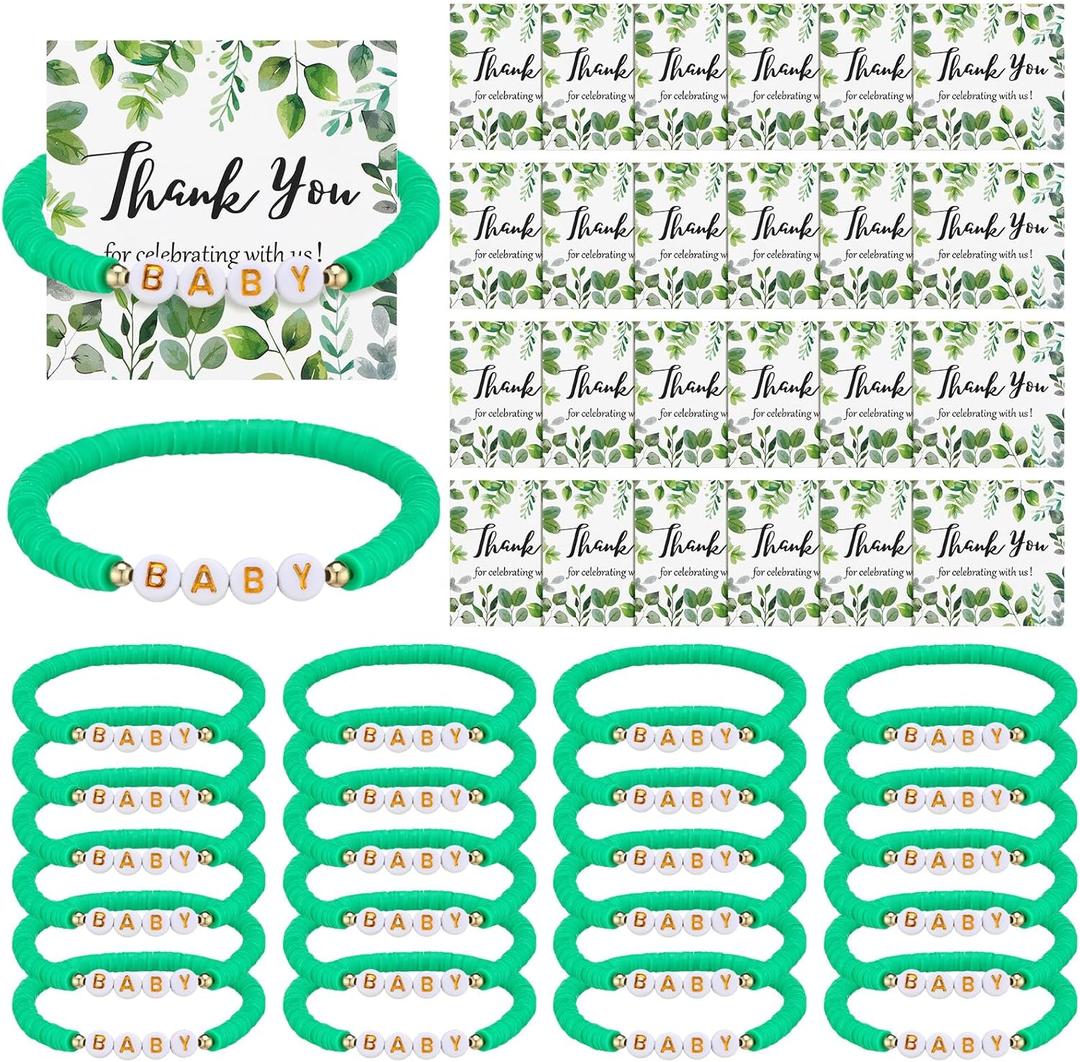 Quelay 24 Pcs Baby Shower Favors Green Clay Bracelets Bulk Eucalyptus Thank You Gift for Guests Party Favors with Cards Party Decorations Gift