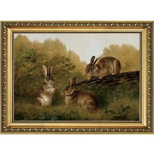 AIKETUO Gold Framed Easter Bunny Wall Picture Art for Wall Decorations, Vintage Rabbit Wall Picture Decor, Artwork for Living Room Bathroom Bedroom Office Shelf Decor Large Big 24" L x 16" W