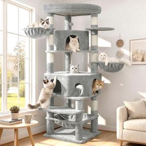 Cat Tree, 81.1" Skyward Corner Cat Tower for Large Cats VCT031W | Space-Smart Cat Furniture with Diamond Hideout, Grand Platform, Firm Base, 3 Soft Hammock & Pet Relax Station, Light Gray