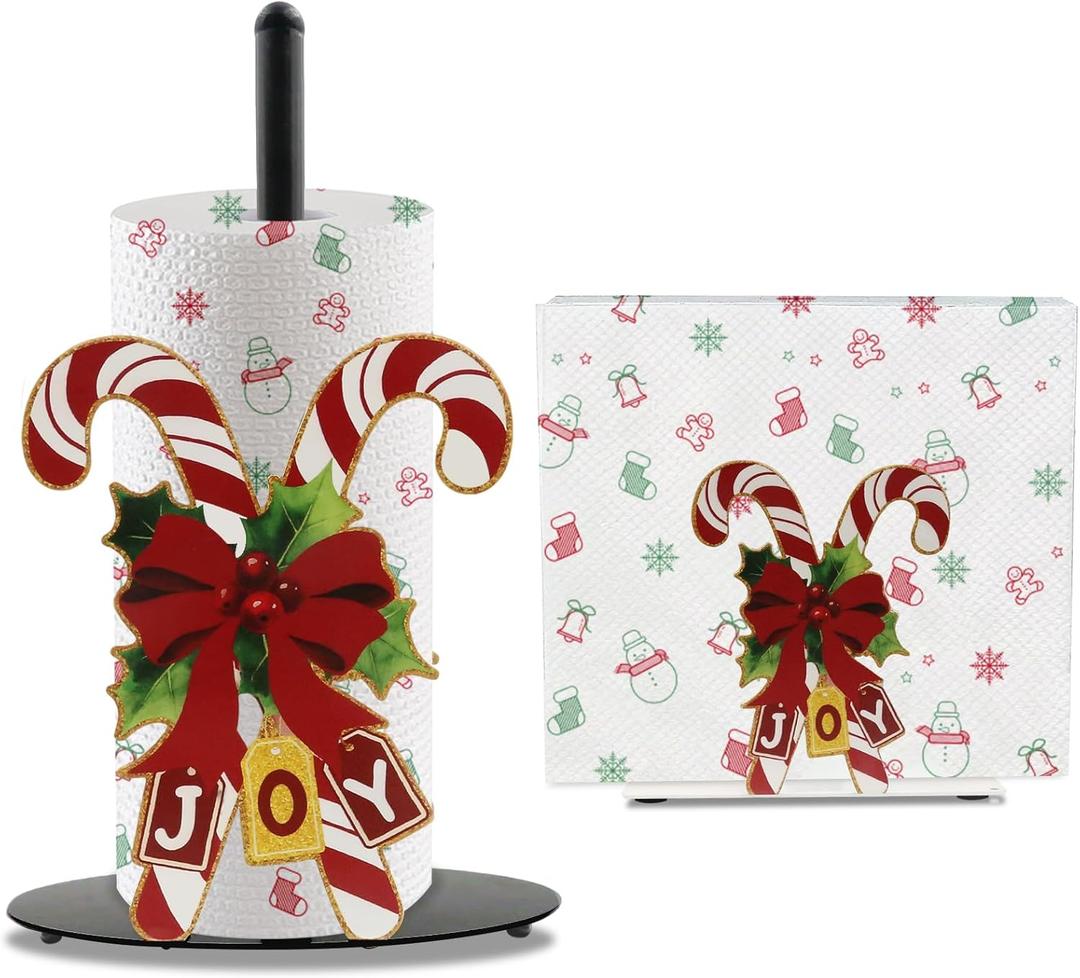 Candy Cane Christmas Paper Towel Holder, Iron Christmas Decorations Indoor with Round Base, Candy Cane Napkin Holder, Xmas Paper Towel Holder Stand Accessories for Bathroom Kitchen Dining, 2 PCS