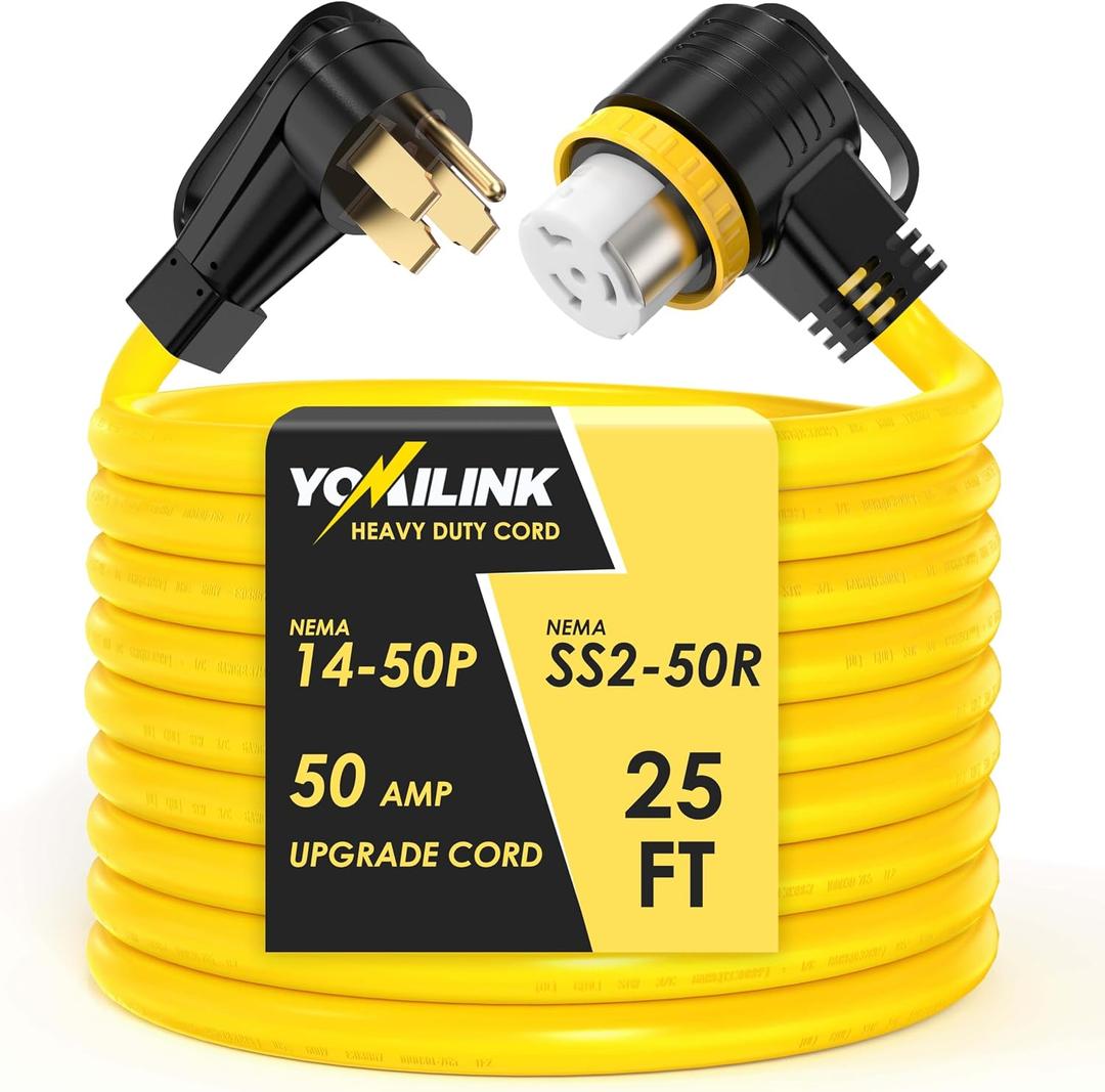 YOMILINK 25 Feet 50 Amp RV/Generator Cord, 100% Copper Wire, NEMA 14-50P to SS2-50R Twist Lock, Newly Designed 90Grip Handle, 6/3+8/1 Gauge STW Wire