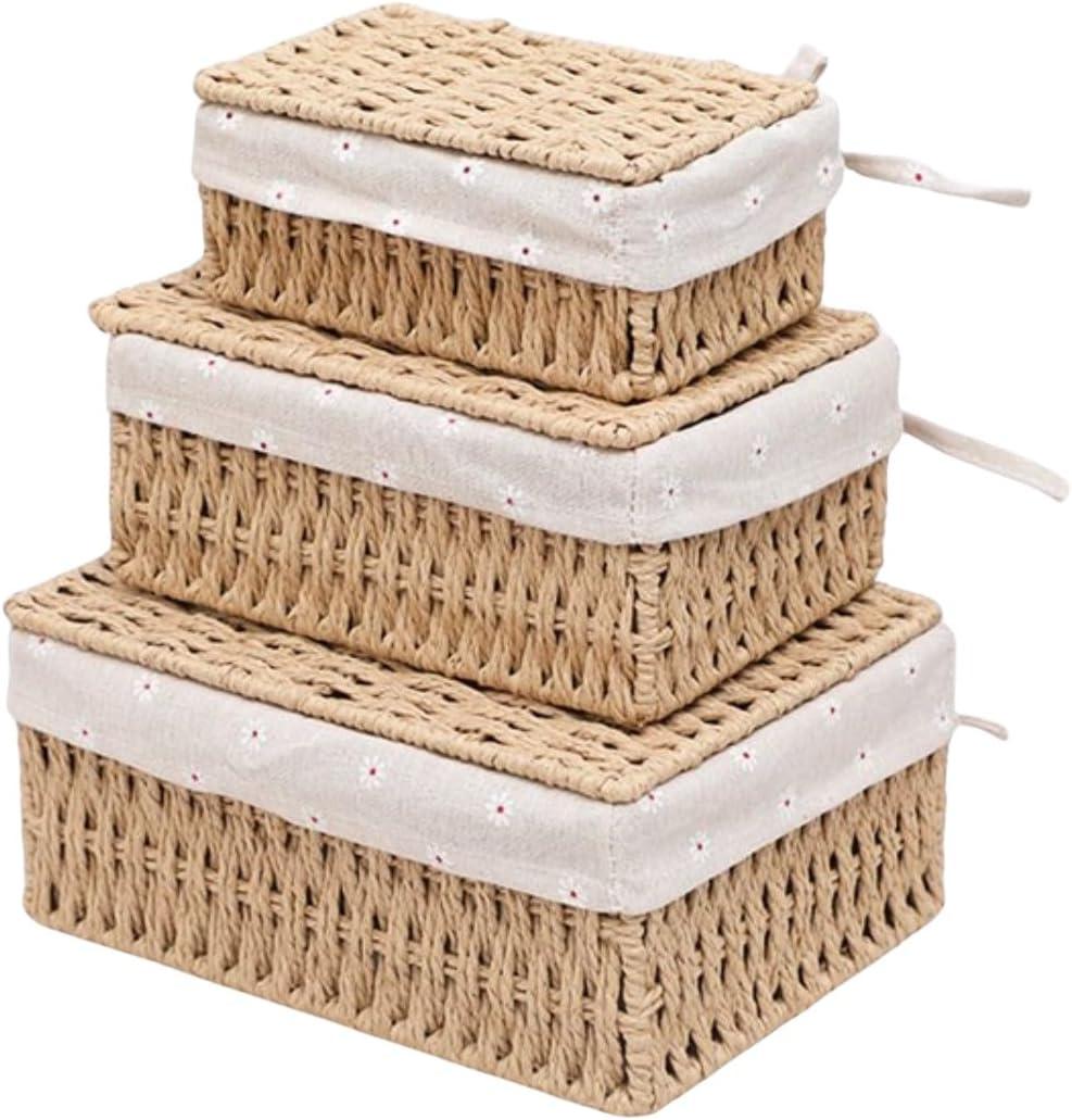 Woven Storage Baskets with Lids, Set of 3, Gray Paper Rope Wicker Bins with Lids & Removable Liners, Stackable Shelf Organizer Boxes for Bathroom Closet Nursery