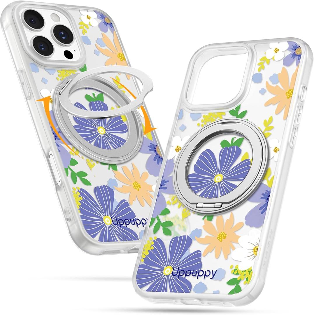 for iPhone 16pro Case - Compatible with MagSafe for Women Girls Bulit-in 360 Rotatable Magnetic Ring Holder Kickstand Cute Aesthetic Purple Flower Design for Apple 16pro