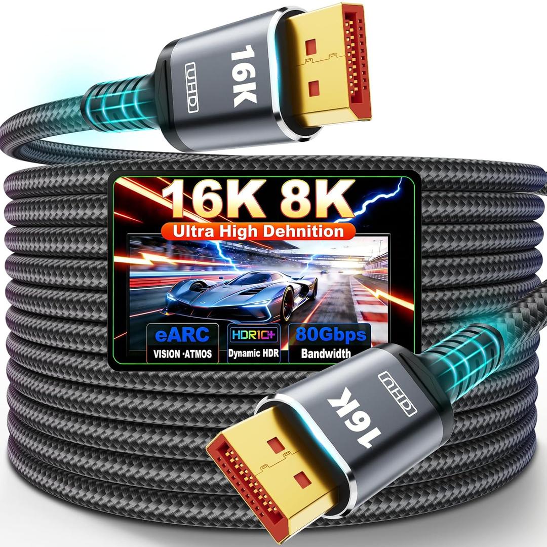 80Gbps Displayport Cable 2.1 16FT, [VESA Certified] DP 2.1 Cable 16K Military-Grade Braided Cable, 16K@60Hz, 8K@120Hz, 4K@240Hz, Compatible HDR10 DSC 1.2a, FreeSync G-Sync Gaming Monitor 5090 7900XTX
