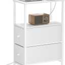 TUTOTAK Small Narrow End Table with Charging Station, Side Table with Outlets, Nightstand with 2 Cloth Drawers, Couch Table, for Living Room, Bedroom, Bedside, White TB01BW085