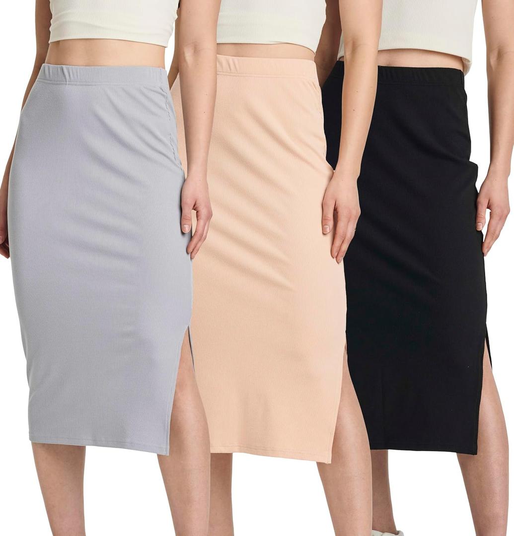 Real Essentials 3 Pack: Women's Midi Ribbed Knit Skirt with Side Slit - Stretchy Work Business Casual Pencil Pull-On Skirts (M)