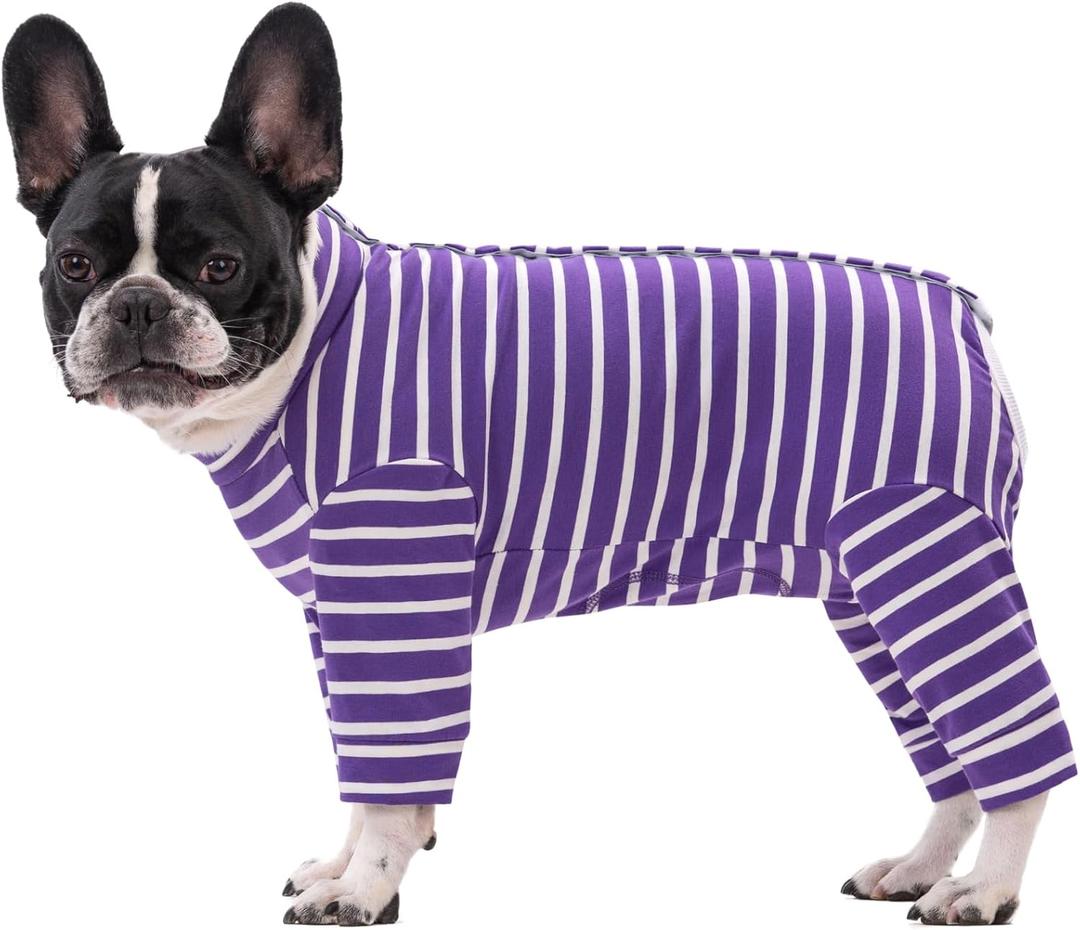 Dog Surgery Recovery Suit for Female Male Puppy,Bodysuit Long Sleeve Prevent Shedding and Licking Wound,Pajamas,E-Collar Cone Alternative(Purple White Stripe-L)