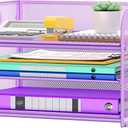 Cawukege 3 Tier Paper Organizer with Handle, Metal Desk Organizer Mesh Paper Letter Tray Desktop File Folder Document Sorter for Classroom, School, Office Accessories Storage (1, Purple)