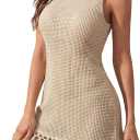 Verdusa Women's Boho Beach Dress Tassel Textured Crochet Summer Cover Up Sleeveless Tank Dresses Vacation Outfits (Beige, L)