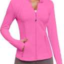 VUTRU Women Athletic Jacket Fitted Workout Running Zip Up Track Coat Layer with Thumb Holes Pockets for Yoga Gym Travel, Pink, Large