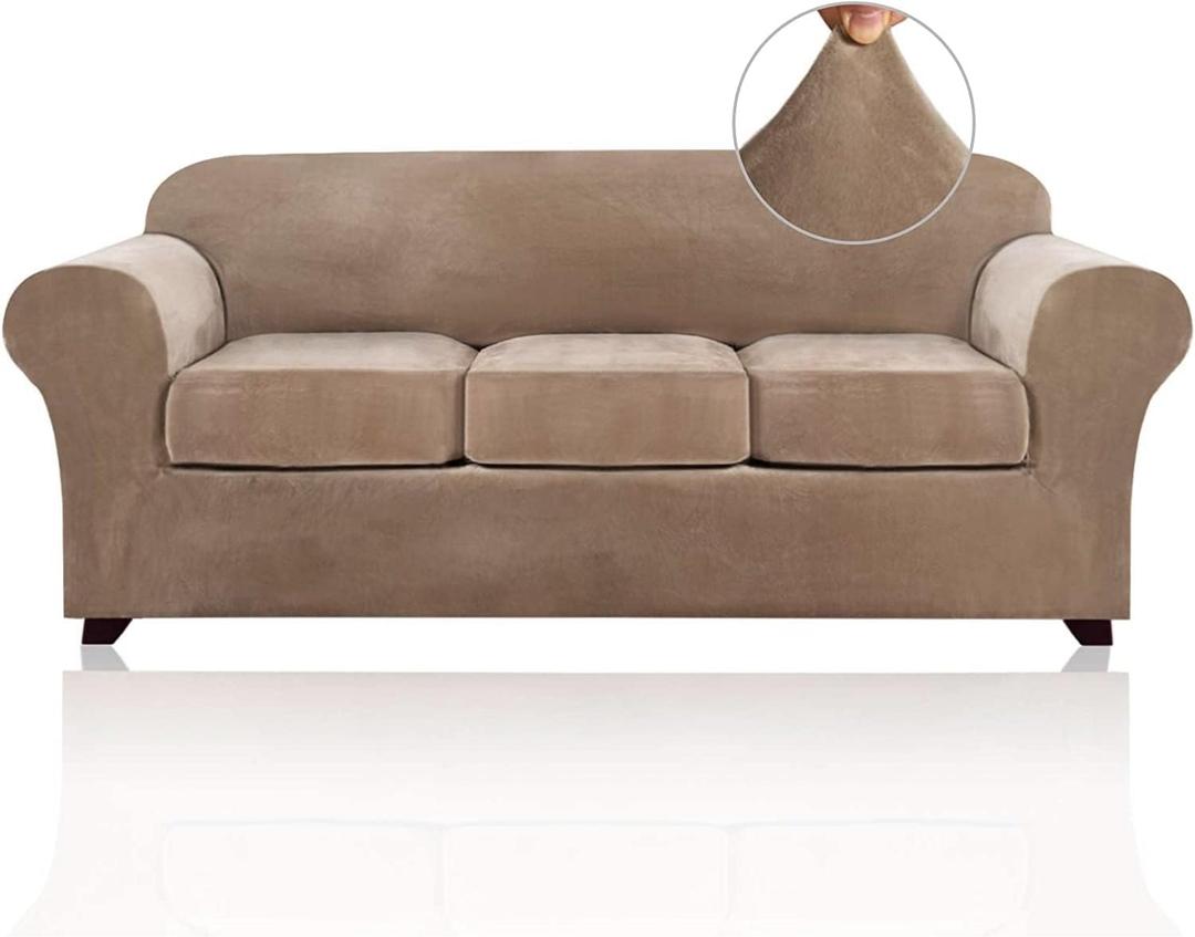 PrinceDeco Velvet Couch Covers for Sofa Soft 4 Pieces Couch Covers for 3 Cushion Couch Sofa Pet Friendly Furniture Protector with Non Slip Elastic Bottom Width Up to 90 Inch (Large, Camel)