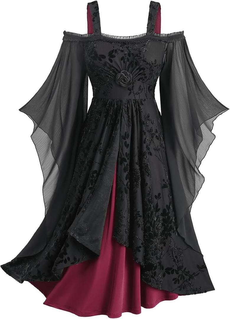 ROSE GAL Plus Size Medieval Vintage Costume Cold Shoulder Flare Sleeve Goth Dresses, Black, Size 5X