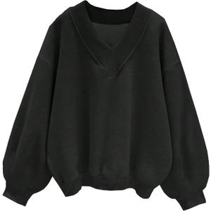 Hilinker Womens V Neck Oversized Sweatshirts Casual Drop Shoulder Long Sleeve Pullover Tops (Medium, Black)