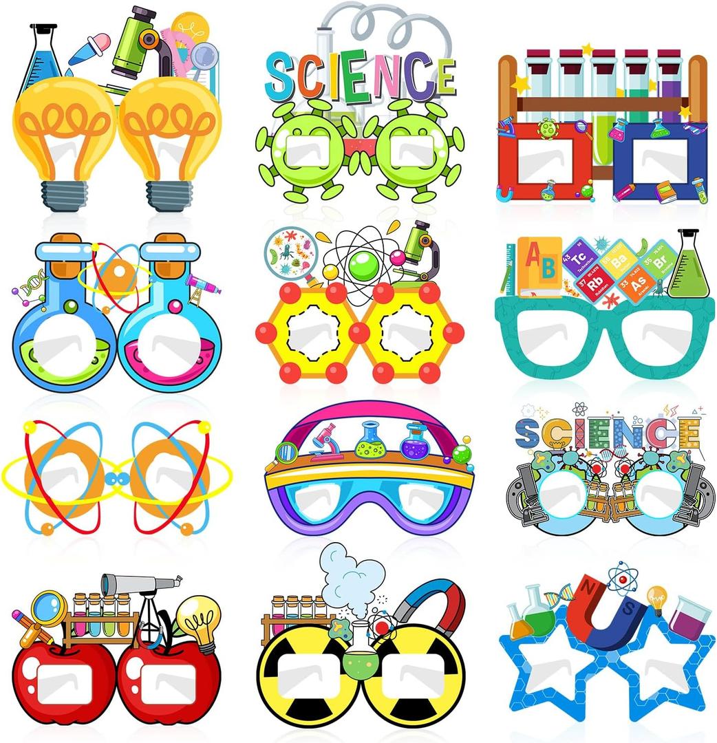 24 PCS Science Party Paper Eyeglasses, Science Party Favors Decorations Supplies, Science Birthday Party Decorations Gifts Photo Booth Props for Kids Boys Girls