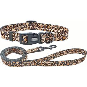 Dog Collar Leash Set, Leopard Pattern, Polyester Material, Adjustable Collar and 5ft Matching Leash, for Puppy Dogs.(XS, Brown Leopard)