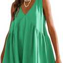 OPCAKM Women's V Neck Sleeveless Mini Dress Loose Summer Pleated Swing Flowy Sundress, Extra Large, Green 