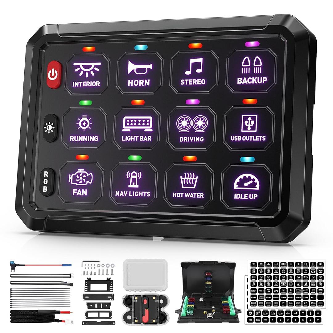 BUMBEE RGB 12 Gang Switch Panel Multifunction 3 Silicone Button Momentary Strobe ON-Off Circuit Control Relay LED Toggle Switch Box Universal for Golf Cart Car Truck RV Offroad Marine