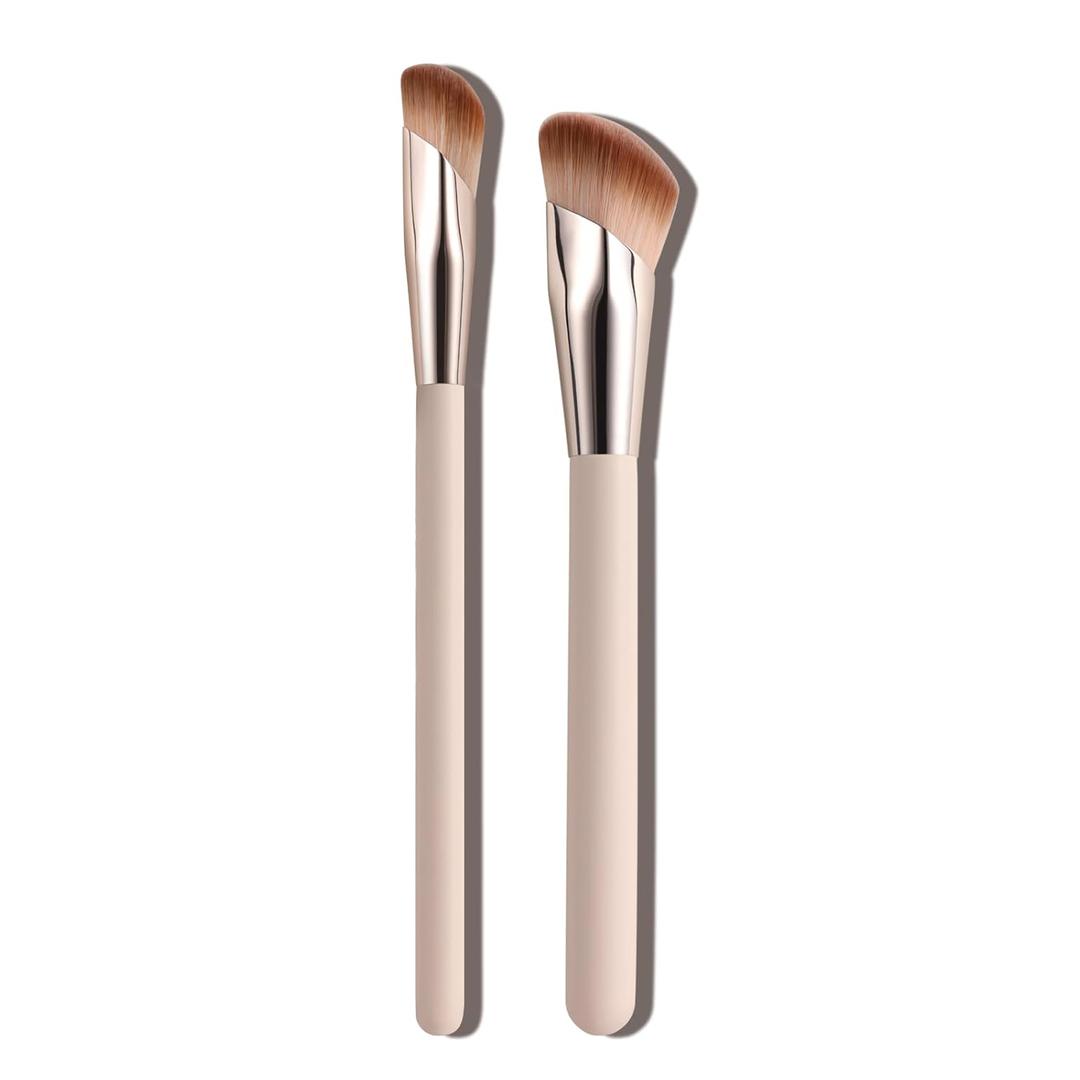 Angled Foundation Brush and Concealer Brush Set, 2 Pack Concealer Brushes Under Eye Kabuki Face Blending Makeup Brush for Nose Contour Brush, Cover Dark Circles, Blending, Liquid, Cream Pink