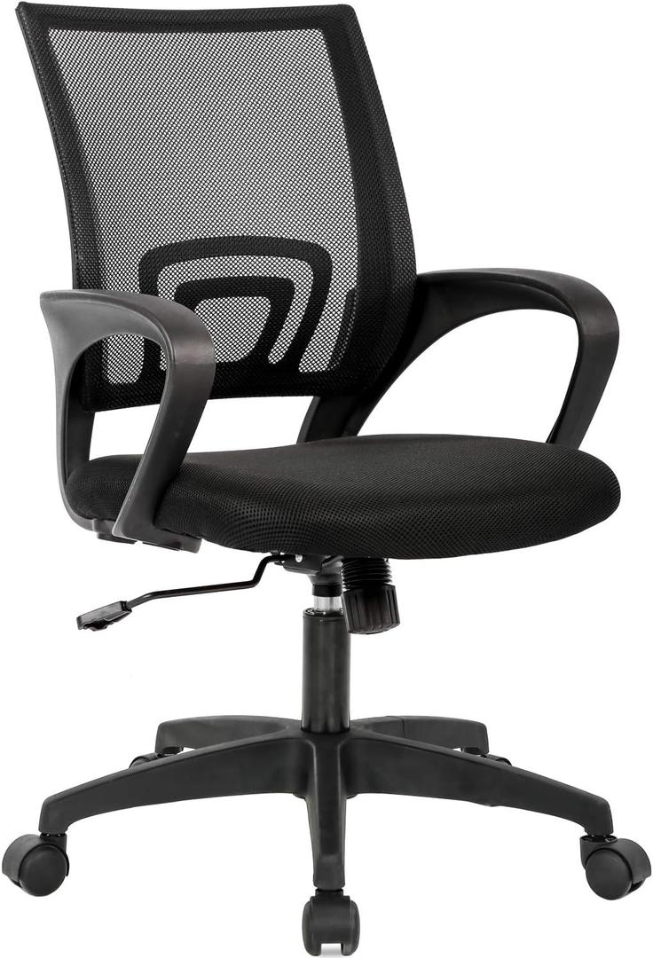 BestOffice | Ergonomic Office Chair | Mid-Back Swivel Desk Chair | Breathable Backrest & Lumbar Support | Adjustable Height | Sponge Seat | Rolling Wheels | Black | for Adults & Women, 19.7D x 18.9W x 38H in