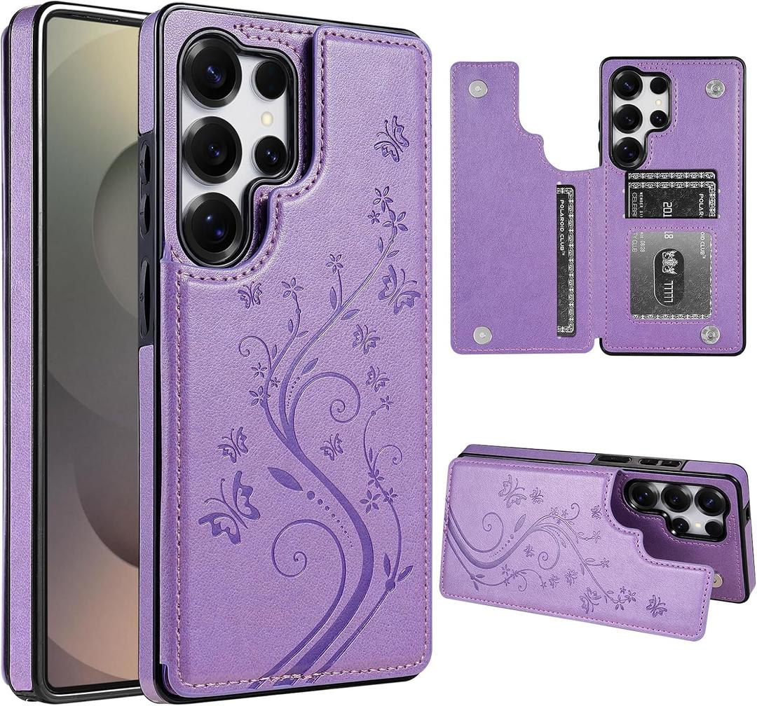 Korecase for Samsung Galaxy S25 Ultra Wallet Case with Card Holder,S25Ultra Butterfly Double Magnetic Back Flip PU Leather Kickstand Card Slots Cover for Girls Women for Galaxy S25 UltraPurple