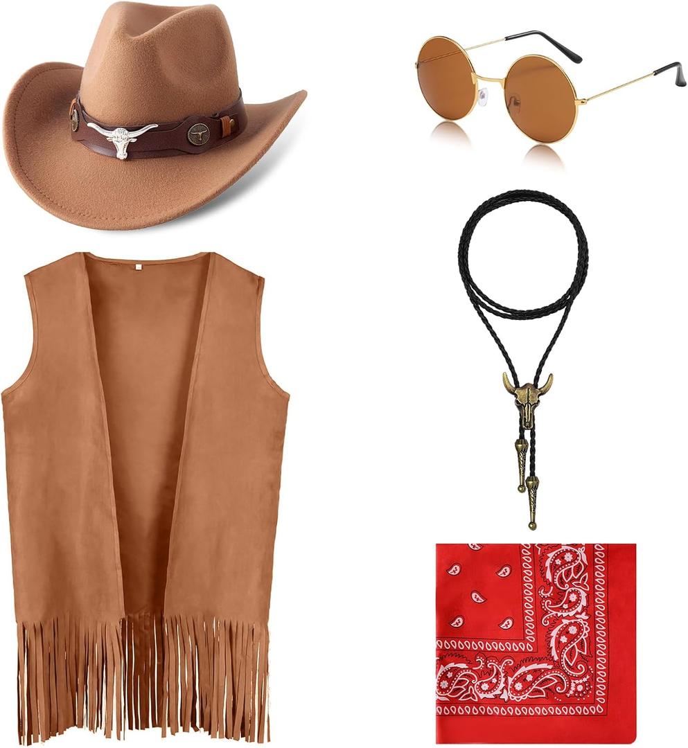 Cowboy Outfits for Boys Kids 5 Pcs Western Costume Accessories Cowboy Hat Fringe Vest Necklace for Halloween 4-5 T (Khaki)