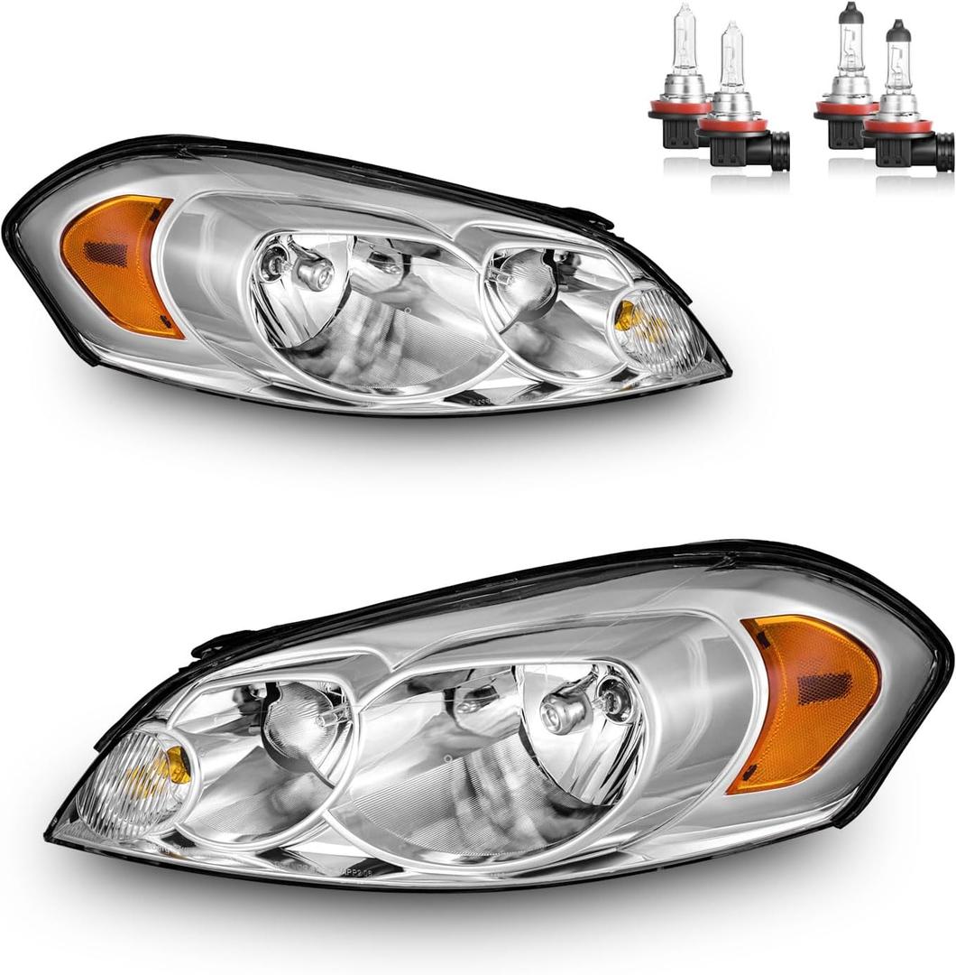 Headlights Assembly W/Bulbs for 2006-2013 Chevy Impala for 14-16 Chevy Impala Limited, 06-07 Chevy Monte Carlo Headlamp Replacement Pair (Clear Lens I Chrome Housing I Amber Reflector)