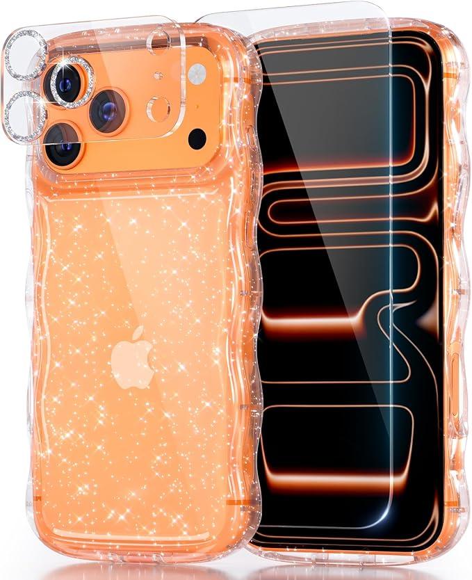 QVLANG Compatible for iPhone Air Case, Sparkly Glitter Cute Curly Wave Bumper Cover with Tempered Glass Screen Protector and Bling Camara Lens Protector for Women Girls, Glitter Clear