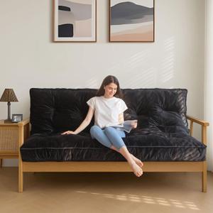 MAXYOYO 6" Futon Mattress Full Size, Velvet Thick Futons Sofa Couch Bed, Versatile Floor Mattress for Adults, Shredded Foam Filling (Frame Not Included), Black