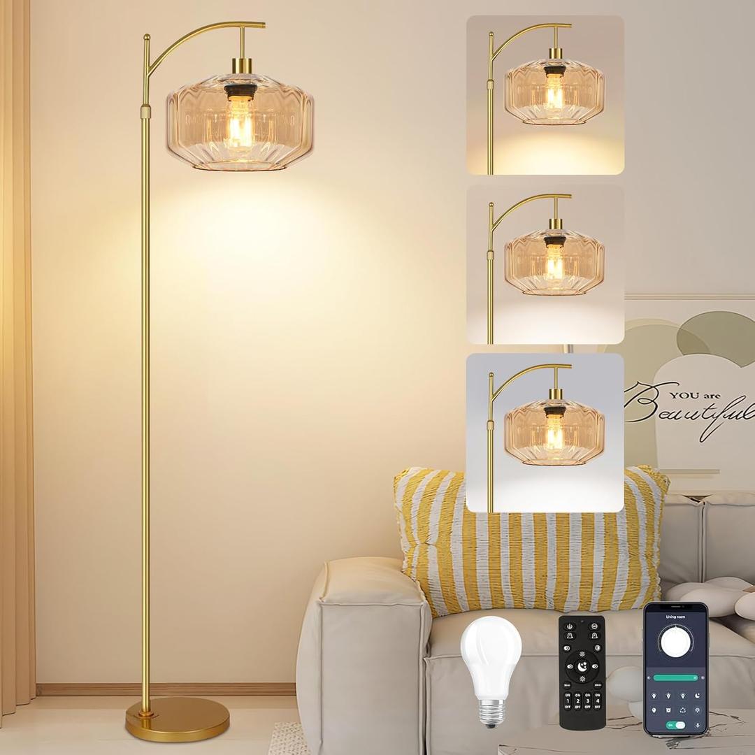 Vintage Floor Lamps for Living Room Glass Floor Lamp with Remote Control,Dimmable Floor Lamp Gold Mid Century Modern Standing Lamp 3 Color Temperature Brass Tall Floor Lamps for Bedroom Corner (8.5 inch, Amber Glass Circular Column)