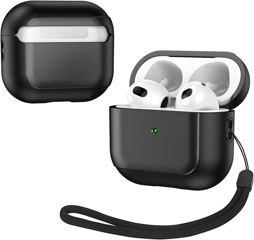Case Compatible with AirPods 3rd Generation, Premium PU Leather Shockproof Protective Cover with Lanyard for Men & Women Headphone Cases Covers Black