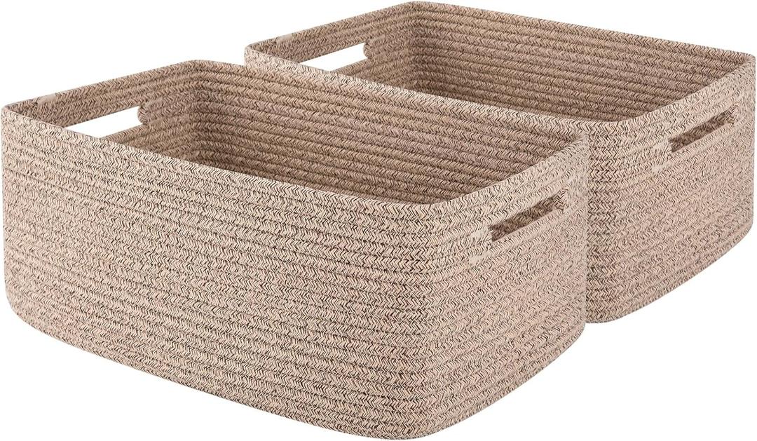 OIAHOMY 2-Packs Large Baskets for Organizing, Storage Basket for Shelves Clothes, Towels, Nursery, Toy Box, Woven Rope Basket for Living Room, Laundry, Bedroom, 15.75 * 11.81 * 7.09 IN, Brown