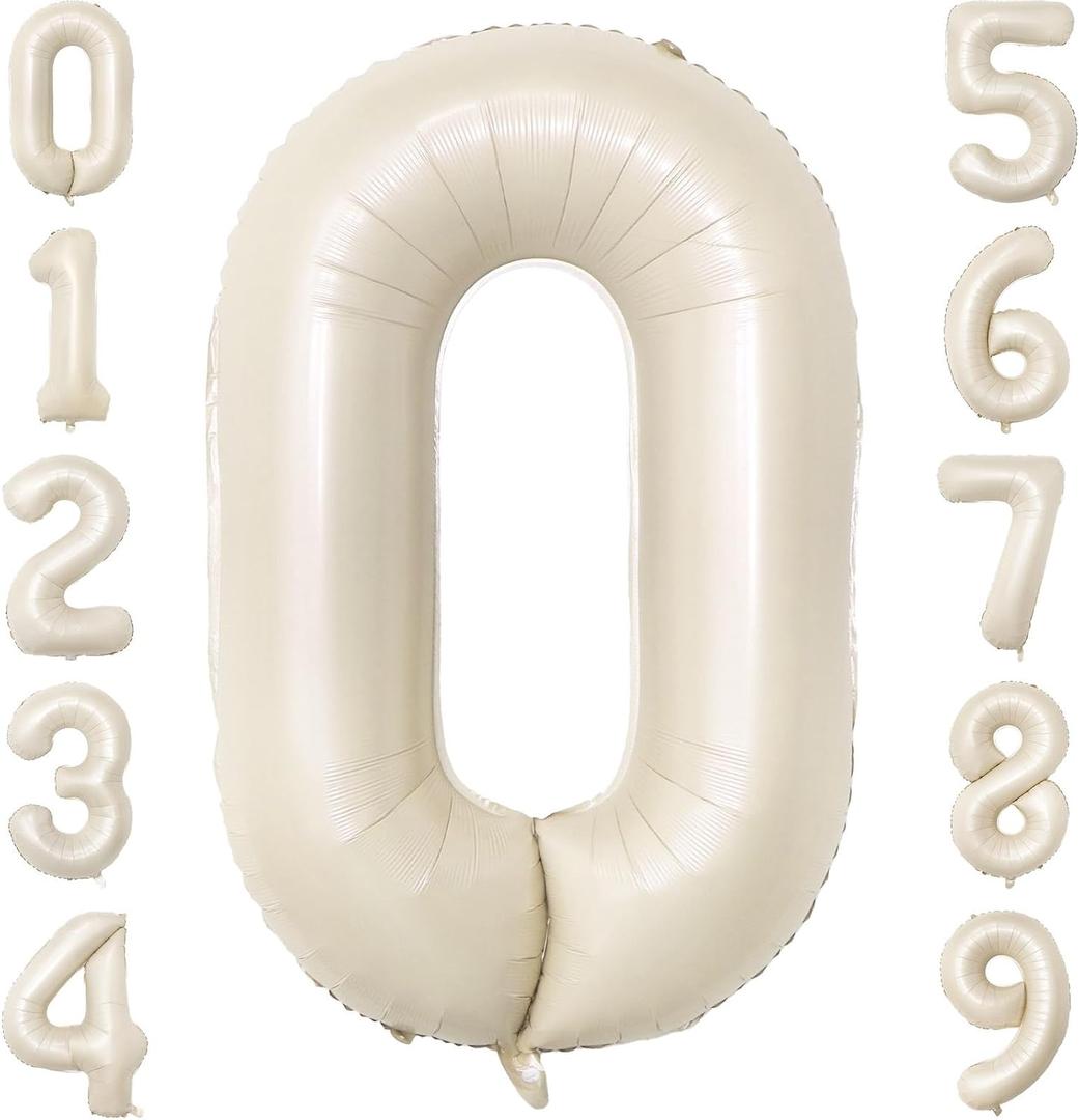 40 Inch Beige Number Balloon 0, Large Cream Number Foil Mylar Balloons for Birthday Party Celebration Decorations Supplies, Digital Balloons for Wedding Anniversary Events Decorations