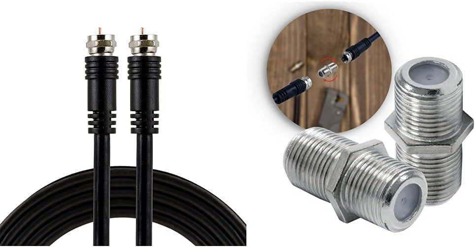 GE RG6 Coax Cable (6ft) and Coaxial Cable Extension Adapters (2-Pack) (Black)