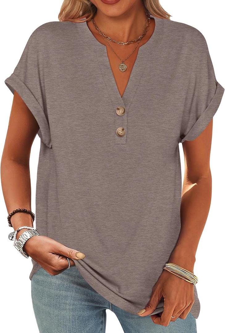 ANRABESS Womens Short Sleeve Henley Tops V Neck Dressy Casual Blouses Summer Trendy Tee Shirts 2026 Vacation Fashion Clothes (Brown, XXL)