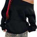 Women's Oversized Off Shoulder Sweatshirts Long Sleeve Basic Thermal Pullover Tops with Pocket (Black)