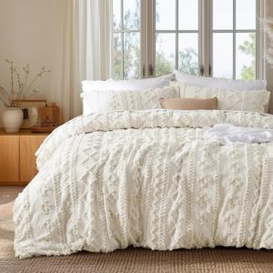 Bedsure Boho Duvet Cover Cal King Size - Tufted Duvet Cover for All Seasons, 3 Pieces Soft Shabby Chic Embroidery Boho Bedding Duvet Cover (Beige, Cal King, 104x98) 