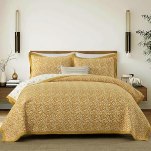 Finlonte Cotton Quilts Queen Size - 100% Cotton Queen Comforter Set, Botanical Quilt Bedding Set, Lightweight Reversible Soft Quilted Bedspread for Queen Bed, Gold/White, All Season, 3 Pcs (Queen (90"x98"))