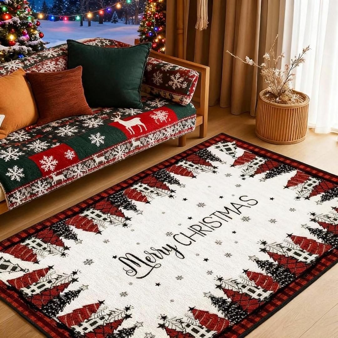 SATINIOR Merry Christmas Area Rug 5x7 Feet Christmas Living Room Carpet Red and Black Buffalo Plaid Kitchen Decor Non Slip Snowflake Washable Mat Xmas Holiday Decor for Entryway Bedroom Room Indoor