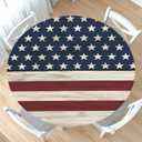 4th of July Round Fitted Tablecloth with Elastic Vintage Patriotic Independence Memorial Day Circle Table Cloth for 40-44" Tables Retro American Flag Wipeable Waterproof Table Cover for Dining Party