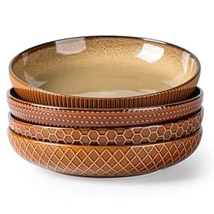 GBhome 9.5'' Large Pasta Bowls, 42 Ounce Stoneware Salad Bowls for Kitchen, Ceramic Serving Bowls With Textured Pattern for Pasta, Fruit, Stews, Noodle, House-warming Gift, Set of 4-Caramel