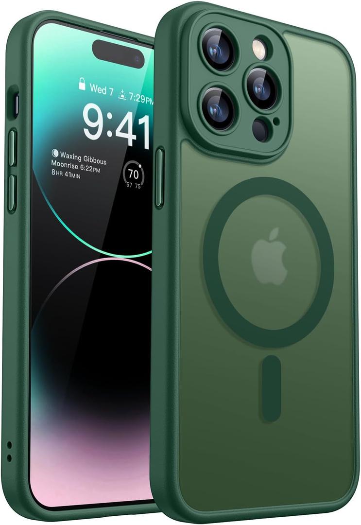 CANSHN Magnetic Compatible with iPhone 14 Pro Case, Upgraded [Full Camera Protection] [Compatible with Magsafe] [Translucent Matte] Shockproof Protective Phone Case Cover 6.1 Inch - Deep Green