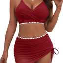 Women's Bikini Sets V Neck High Waisted Swimsuits Twist Front Shell Stitched Two Piece Swimsuit, Medium