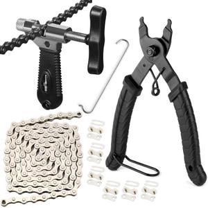 Bike Chain Repair Tool Kit with Single Speed Chain, Chain Breaker with Hook, Bike Link Plier and 6 Pairs Bicycle Buckle for Road Mountain Racing Cycling