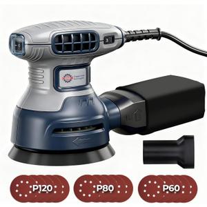 5-Inch Random Orbital Sander, 3Amp Electric Corded Palm Sander with 6 Speeds (6000-13000 OPM), Dustless Dust Bag & Vacuum Adapter, 15 Sandpapers for Woodworking, Furniture Refinishing, Paint Removal