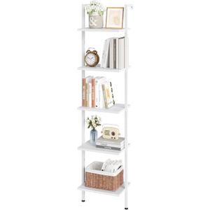 ELYKEN Ladder Shelf, White 5-Tier Wood Wall Mounted Bookshelf with Metal Frame, Modern Open Display Organizer Rack, Leaning Storage Shelves for Living Room, Bedroom, Home Office