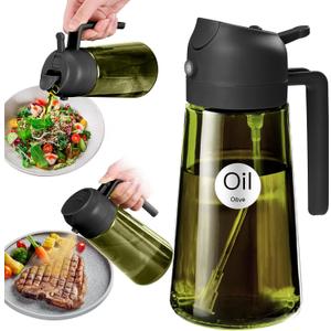 YARRAMATE 16oz/470ml Light-Blocking Dark Oil Sprayer for Cooking, 2 in 1 Olive Oil Dispenser Bottle for Kitchen, Premium Dark Green Glass Oil Bottle, Food-Grade Oil Mister for Air Fryer, BBQ (Black)