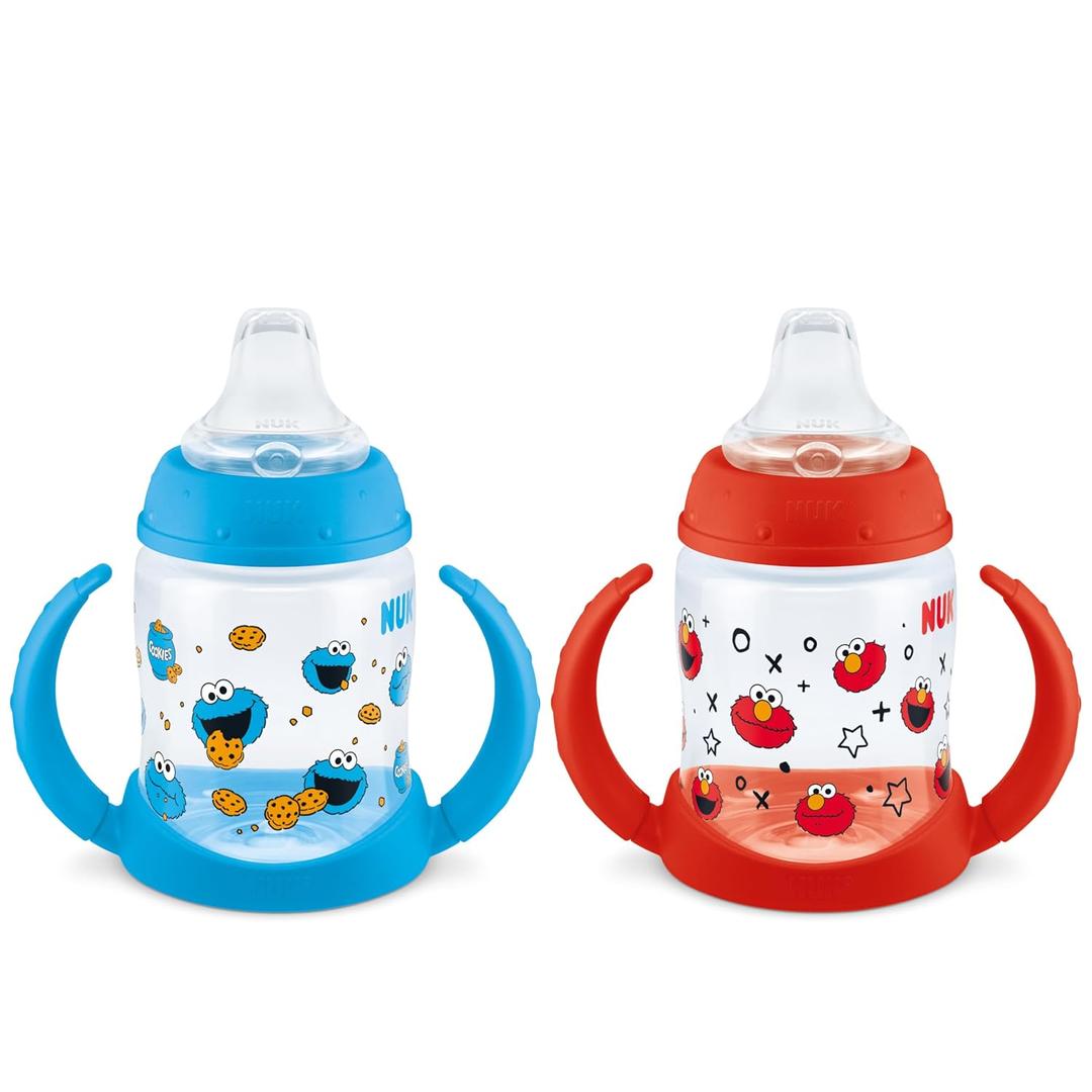 NUK Learner Cup, 5oz, Pack of 2, Sesame Street, Elmo and Cookie Monster  Soft Spout, Easy-Grip Handles, BPA Free, Spill Proof Transition Sippy Cup